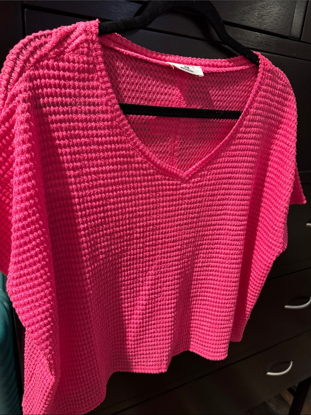 Women's V-Neck Waffle Knit Sweater in Hot Pink